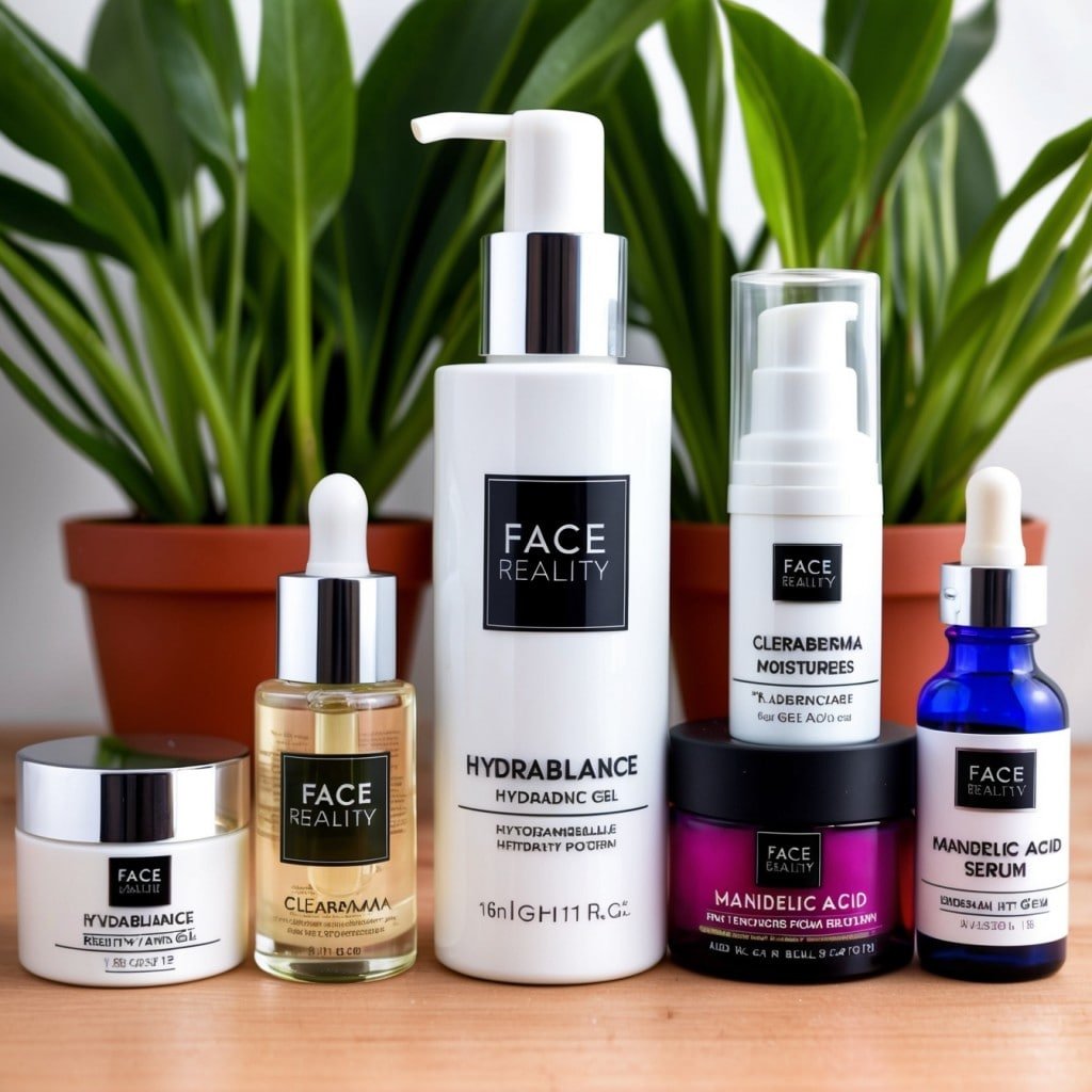 Close-up shot of Face Reality Skincare products including Hydrabalance Hydrating Gel, Clearderma Moisturizer