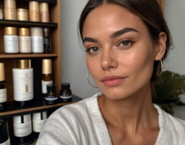 A serene and confident individual with flawless skin, surrounded by Face Reality Skincare products, radiating health and clarity.