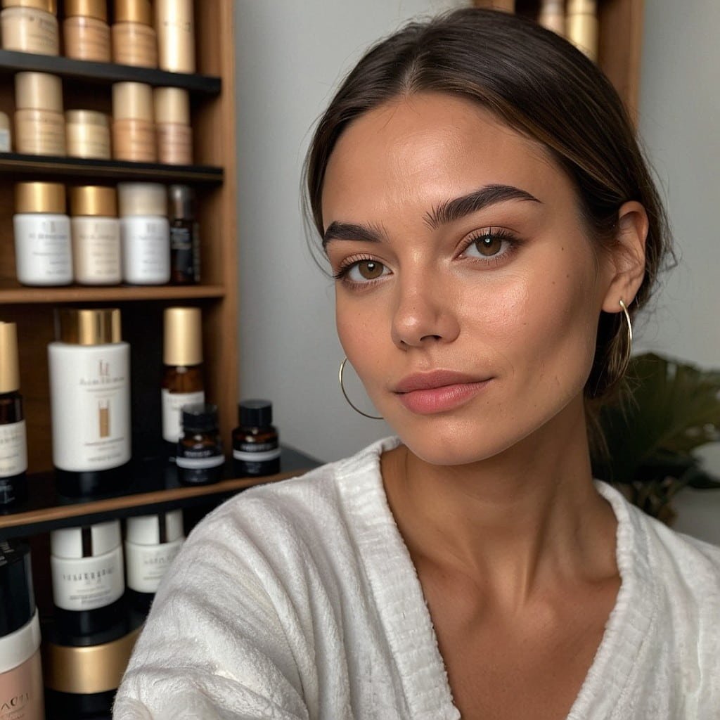A serene and confident individual with flawless skin, surrounded by Face Reality Skincare products, radiating health and clarity.