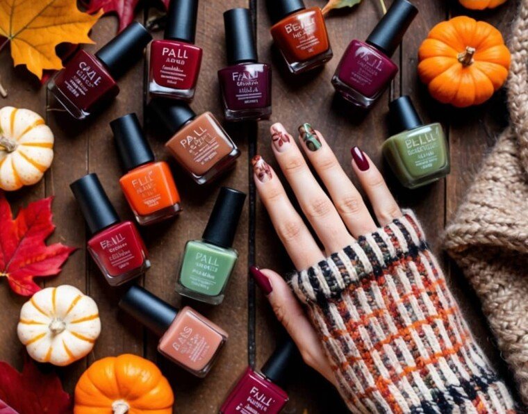 A beautifully composed flat lay featuring a variety of fall nail polish bottles in deep reds, maroons