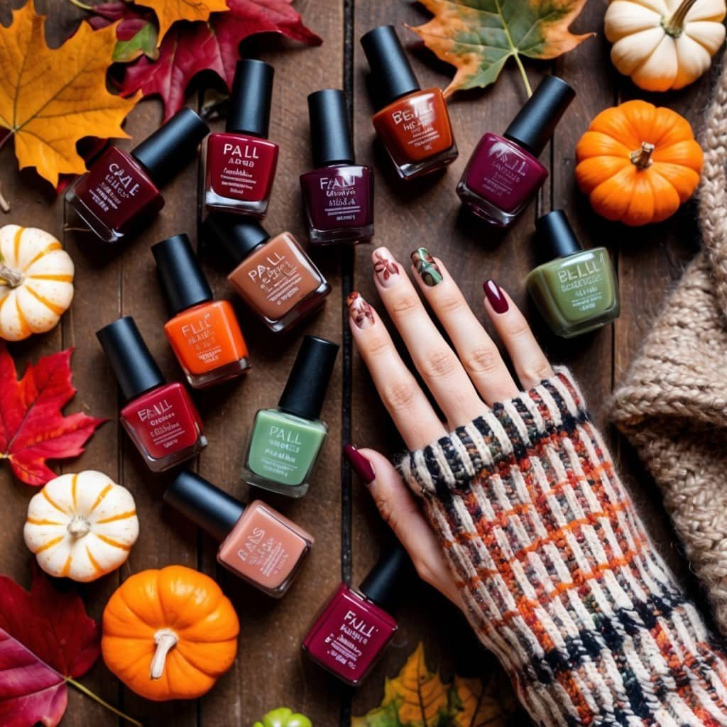 A beautifully composed flat lay featuring a variety of fall nail polish bottles in deep reds, maroons