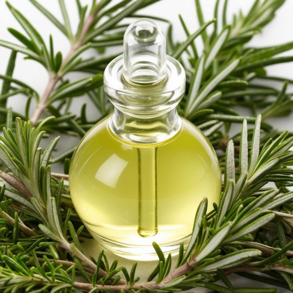 A close-up image of a dropper bottle filled with rosemary oil,