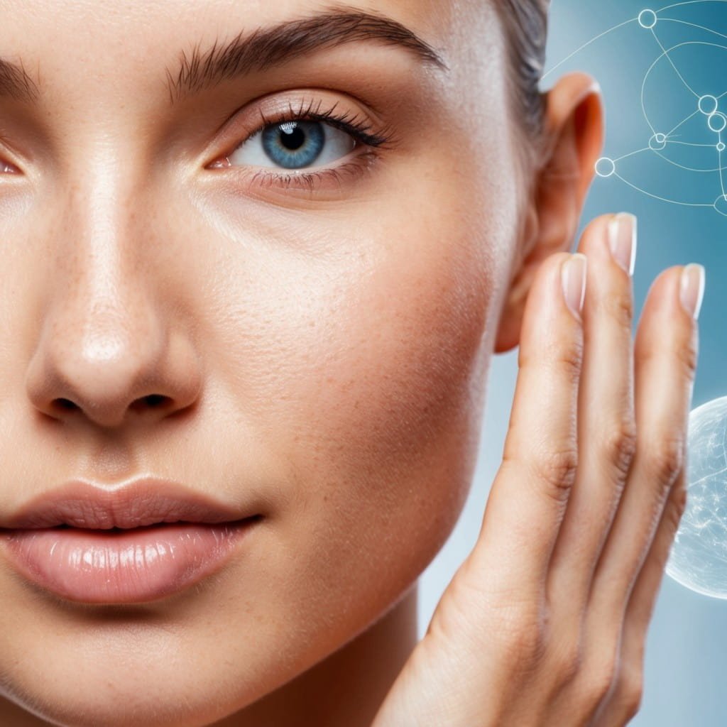 A close-up image of a glowing, healthy face with flawless skin