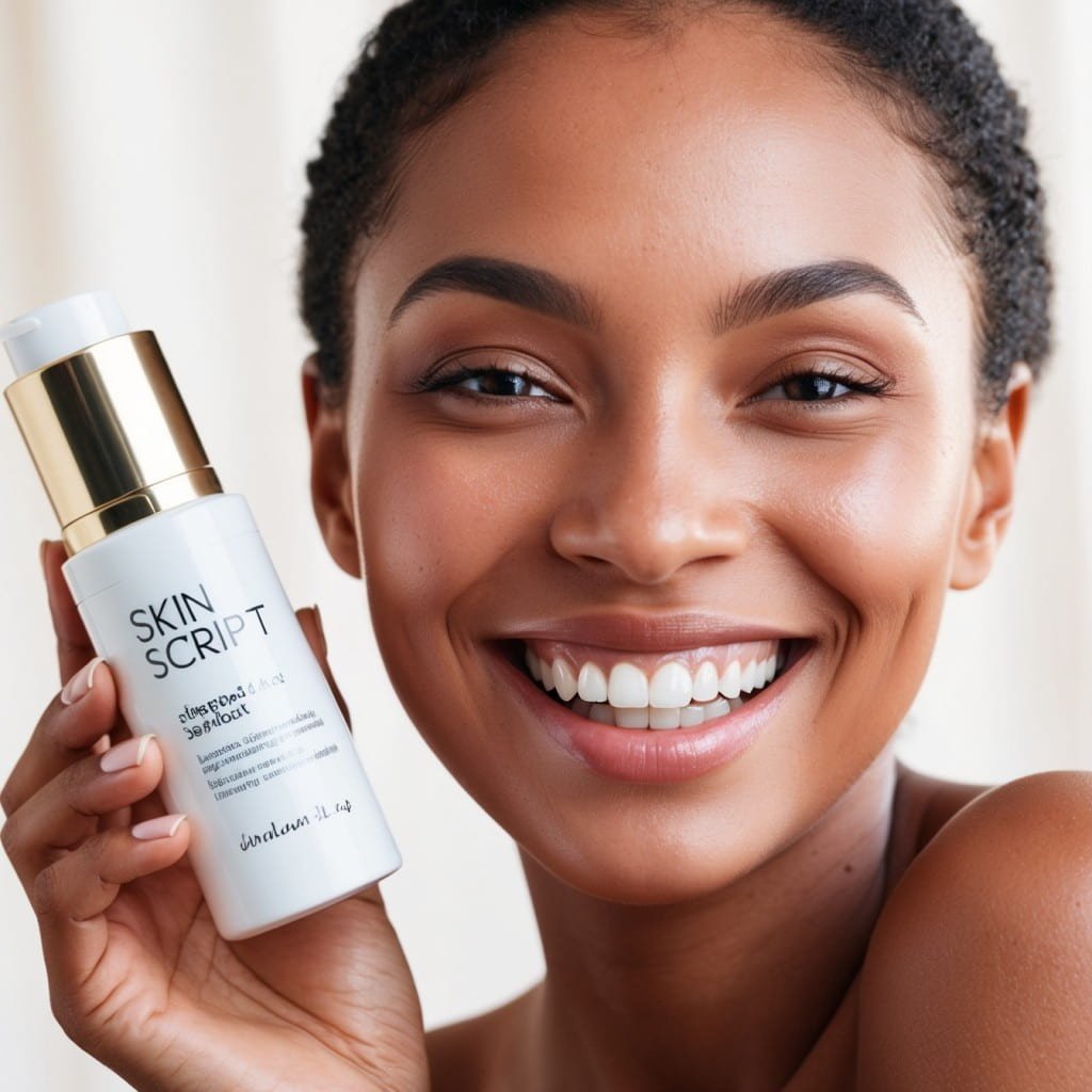 A close-up image of a joyful woman with radiant, glowing skin, smiling confidently