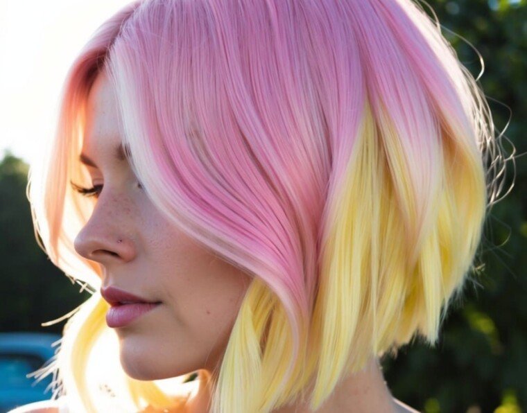 A close-up of a person with soft pastel pink and lemon blonde hair in an ombré style
