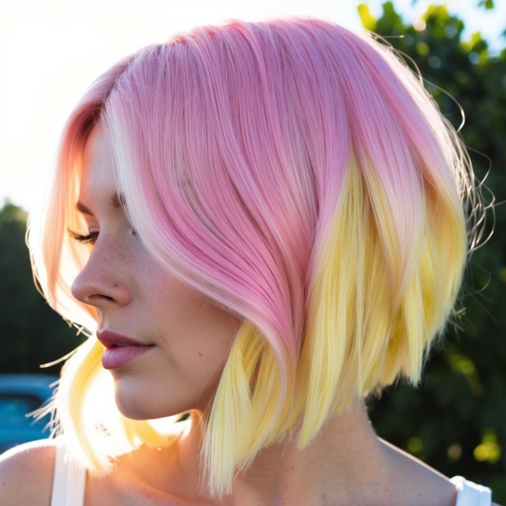 A close-up of a person with soft pastel pink and lemon blonde hair in an ombré style