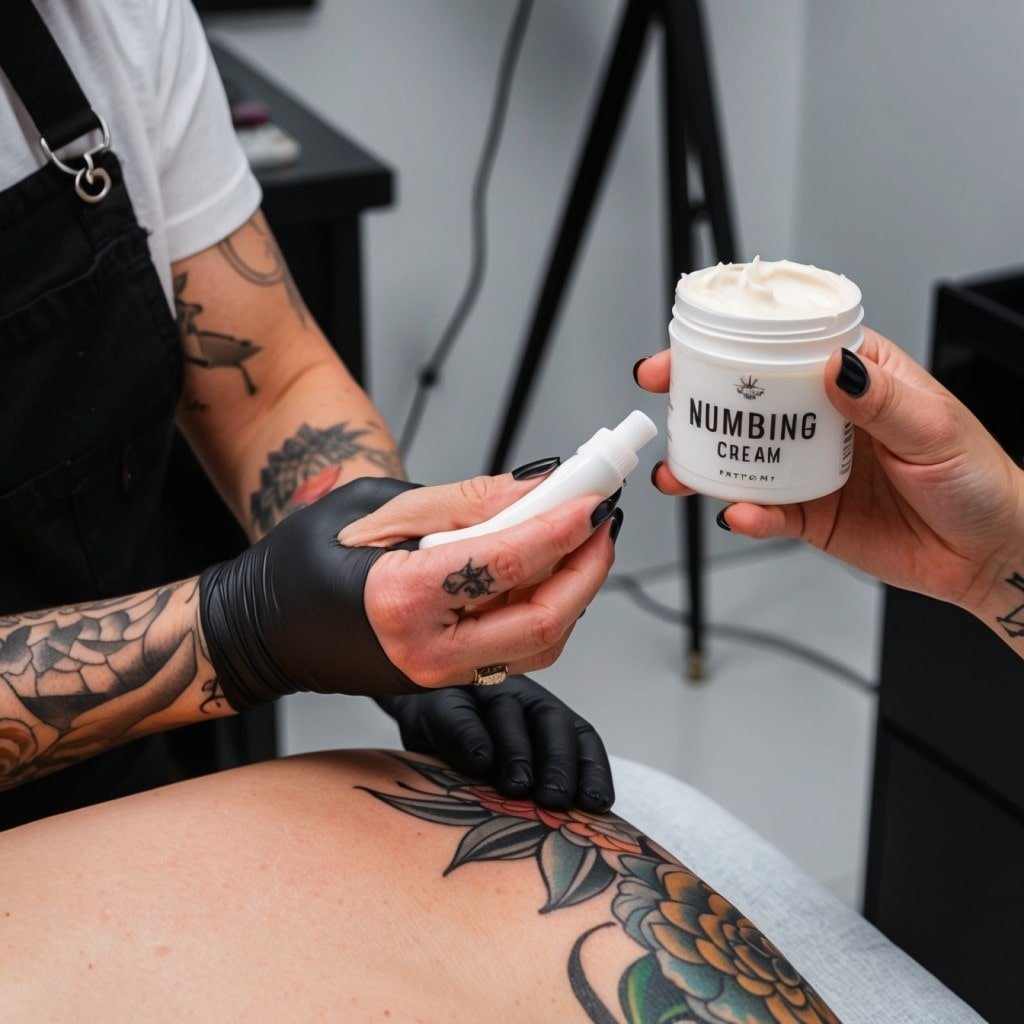 A close-up of a tattoo artist applying numbing cream to a client's skin