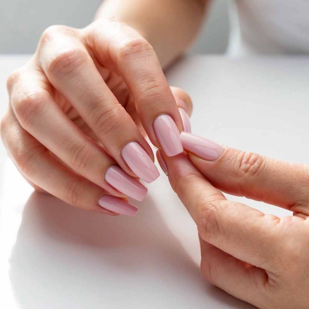 Close-up of hands applying nail glue to a press-on nail with a soft pink manicure.