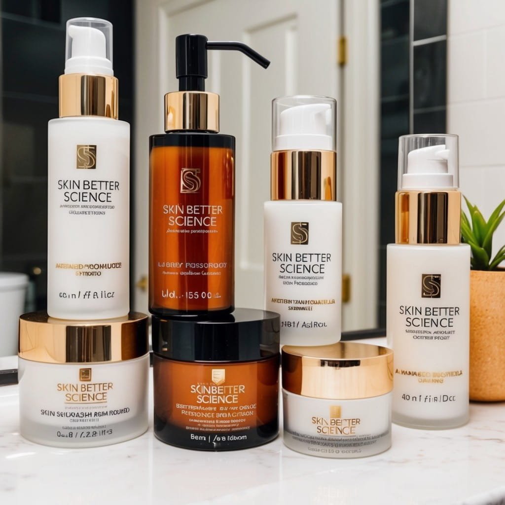 A collection of Skin Better Science products arranged aesthetically on a bathroom counter
