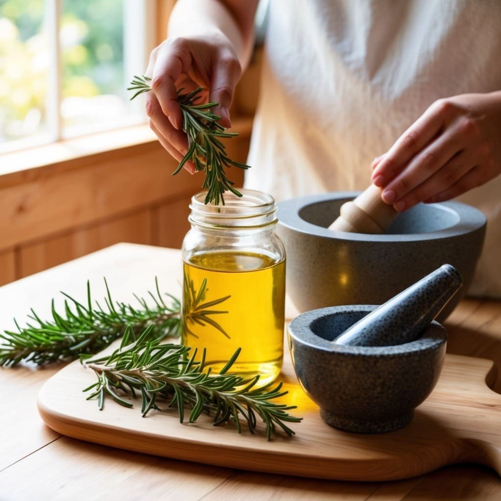 A cozy kitchen scene showing a person making homemade rosemary hair oil.