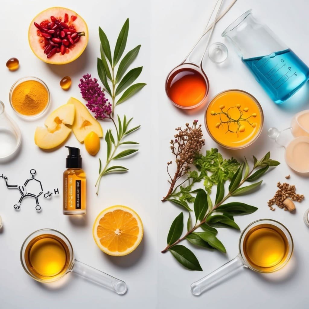A detailed image showing a mix of natural skincare ingredients like fruit enzymes, essential oils