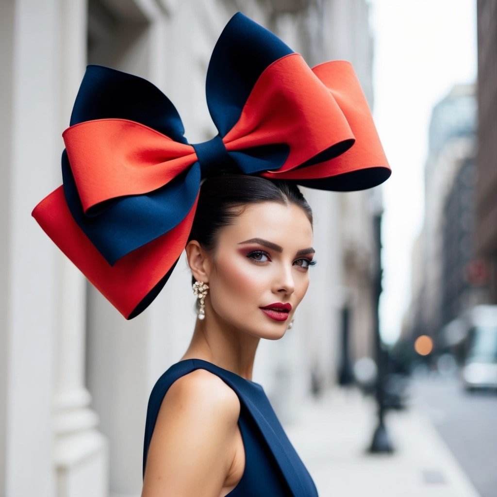 A fashionable woman wearing a large, oversized hair bow in an elegant urban setting