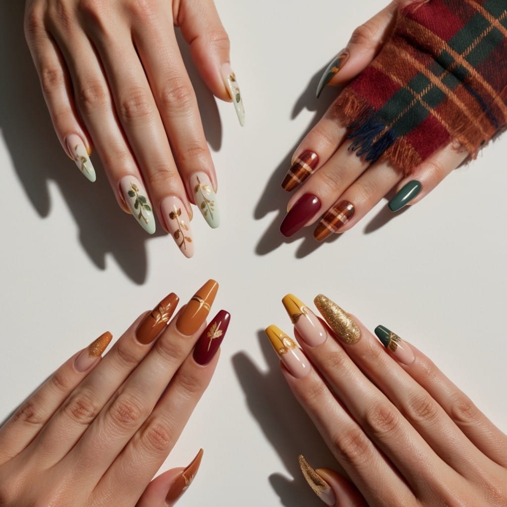 A close-up of manicured nails featuring intricate fall nail designs