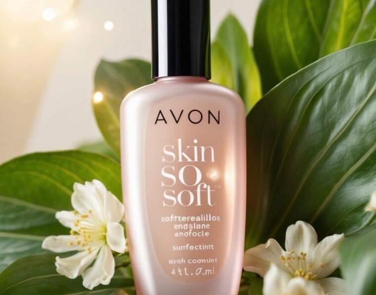 A high-quality, close-up shot of a bottle of Avon Skin So Soft,