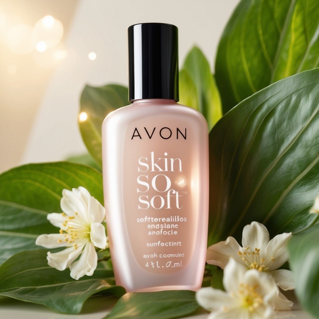 A high-quality, close-up shot of a bottle of Avon Skin So Soft,