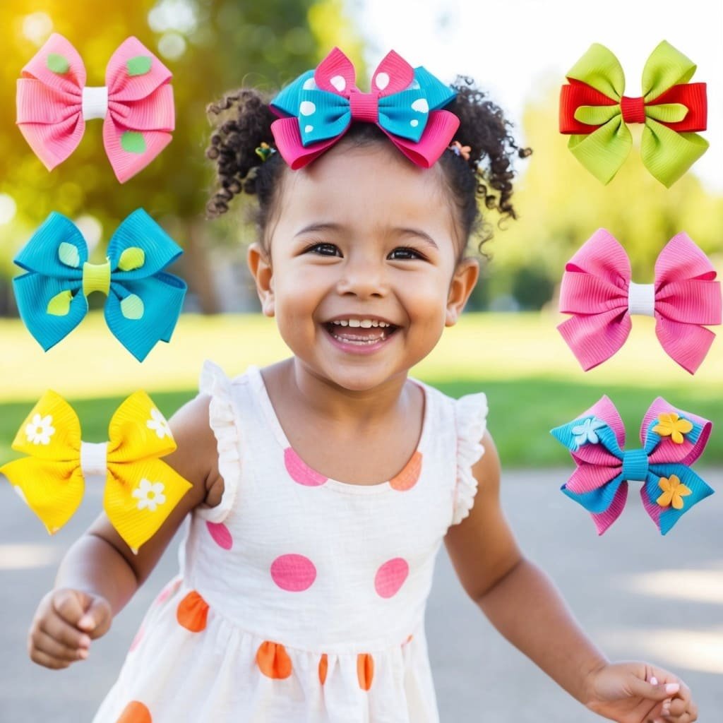 A joyful child wearing bright, playful hair bows, smiling and playing outdoors