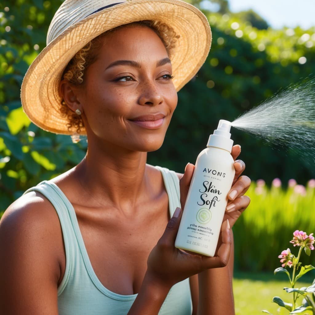 A person applying Skin So Soft bug spray outdoors during a sunny day