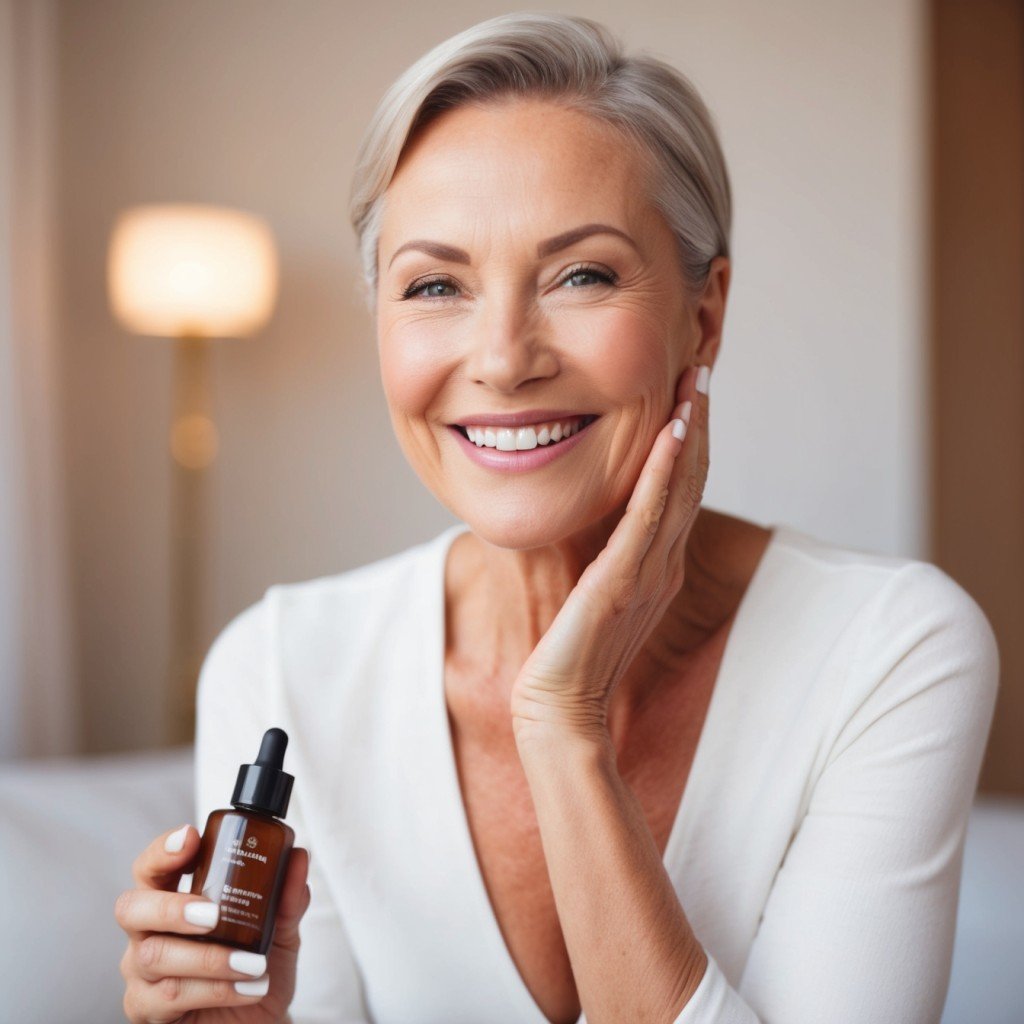 A mature woman with smooth, glowing skin, smiling confidently, with subtle hints of anti-aging product usage