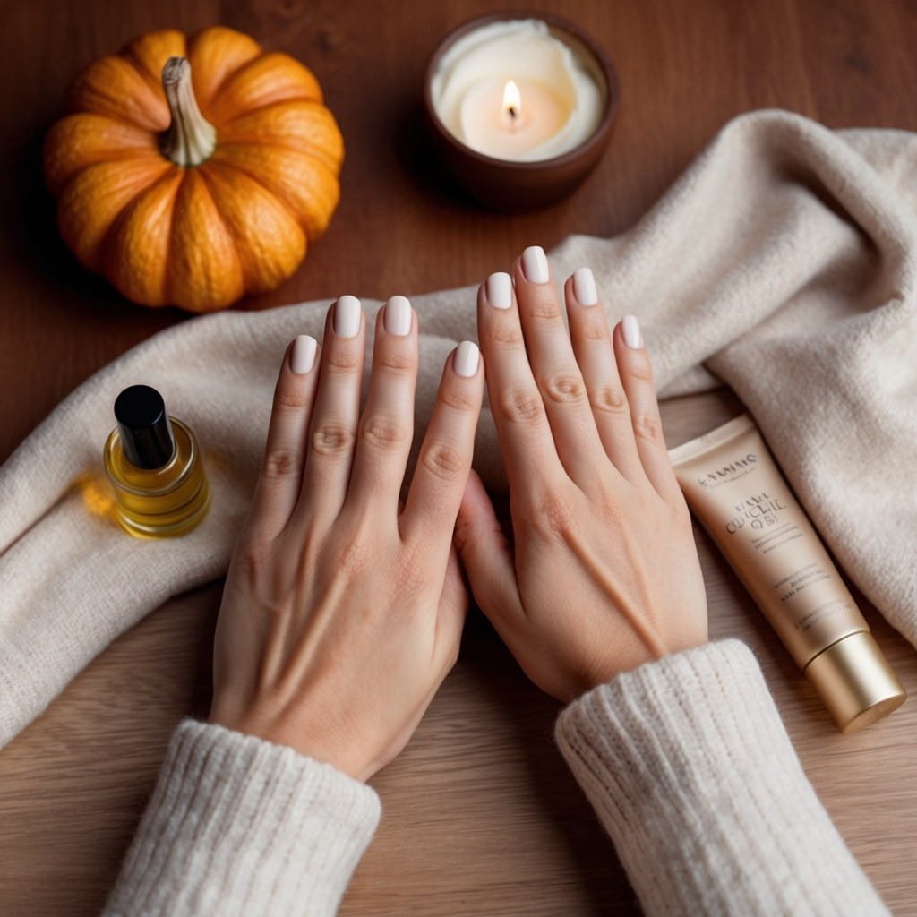 A serene image of a pair of hands being pampered with cuticle oil and a rich hand cream