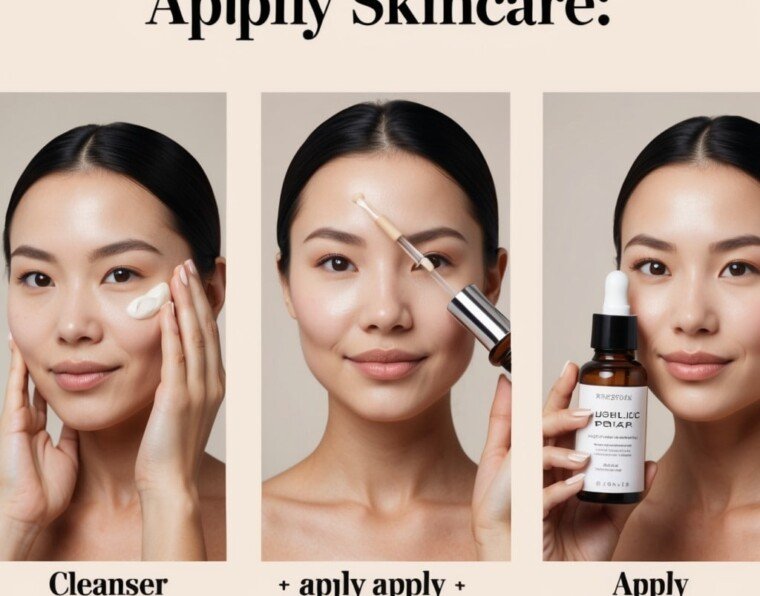 A series of three images showing a person applying skincare