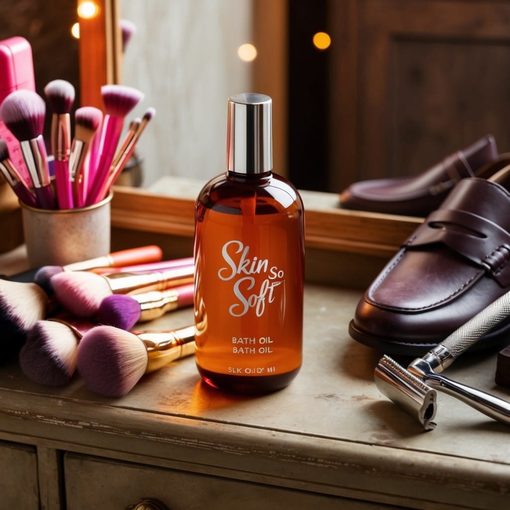 A bottle of Skin So Soft surrounded by various household items like makeup brushes, leather shoes