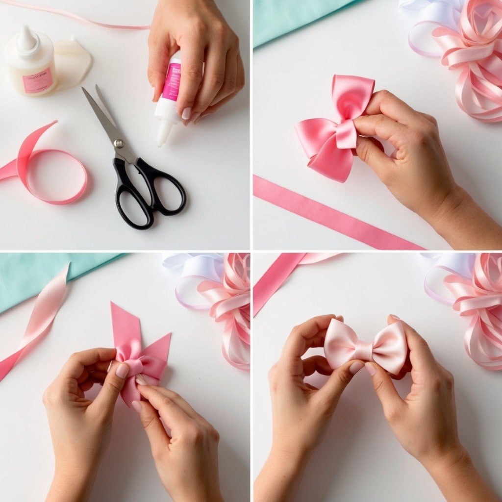 A step-by-step visual guide showing hands crafting a beautiful ribbon hair bow
