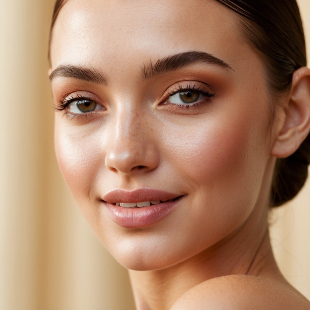 Close-up of a woman with flawless, radiant skin, glowing under natural sunlight, showcasing a fresh and healthy complexion