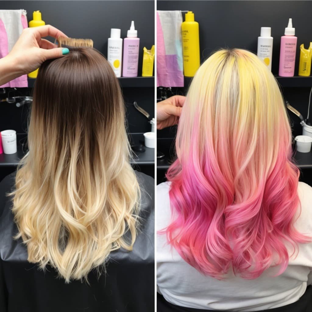 A transformation of a woman’s hair being dyed from natural brown to vibrant Pink Lemon Hair.
