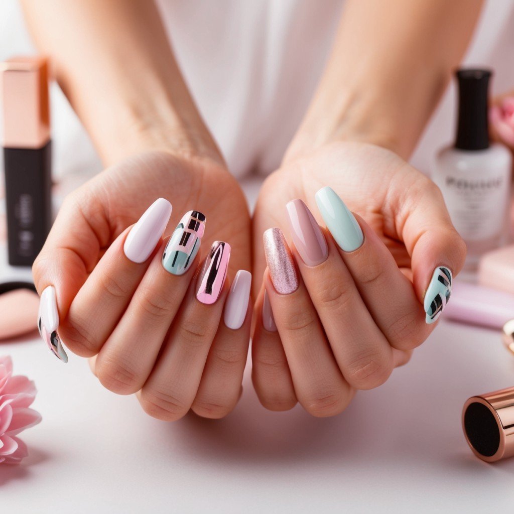 A vibrant and eye-catching image of a pair of hands with perfectly manicured Glamnetic press-on nails in a stylish design
