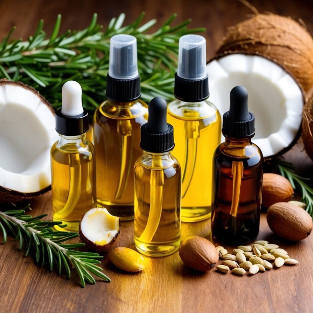 A vibrant image showing a variety of natural hair oils in glass bottles
