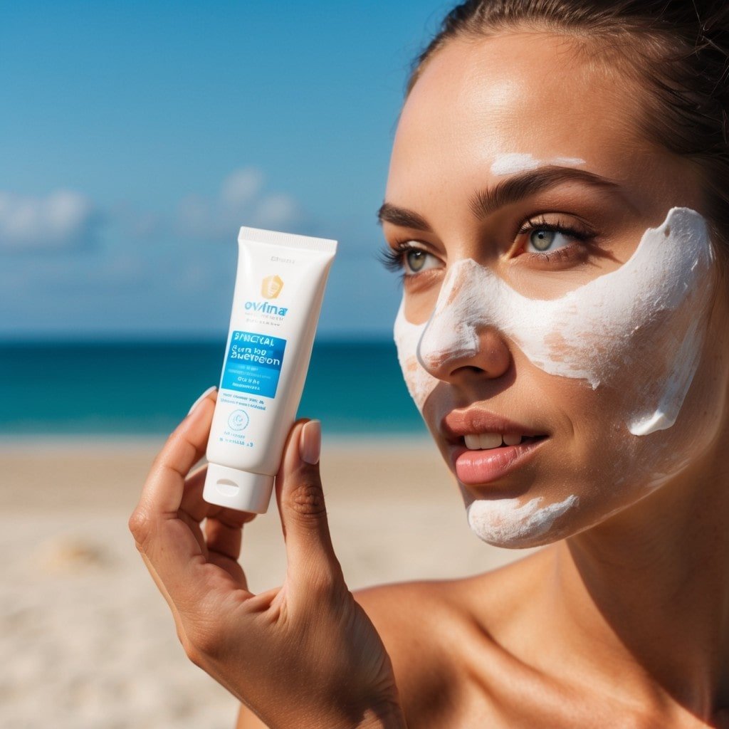 A woman applying sunscreen to her face under a bright, sunny sky