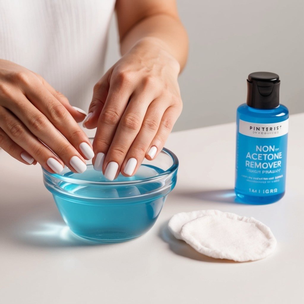 Hands soaking in acetone to remove nail glue, with non-acetone remover and cotton pads on the side