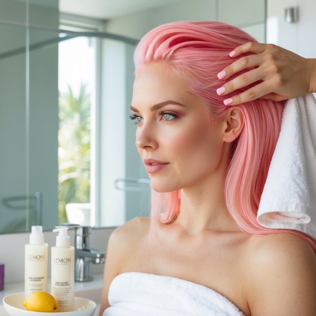 A woman with Pink Lemon Hair applying a deep conditioning treatment
