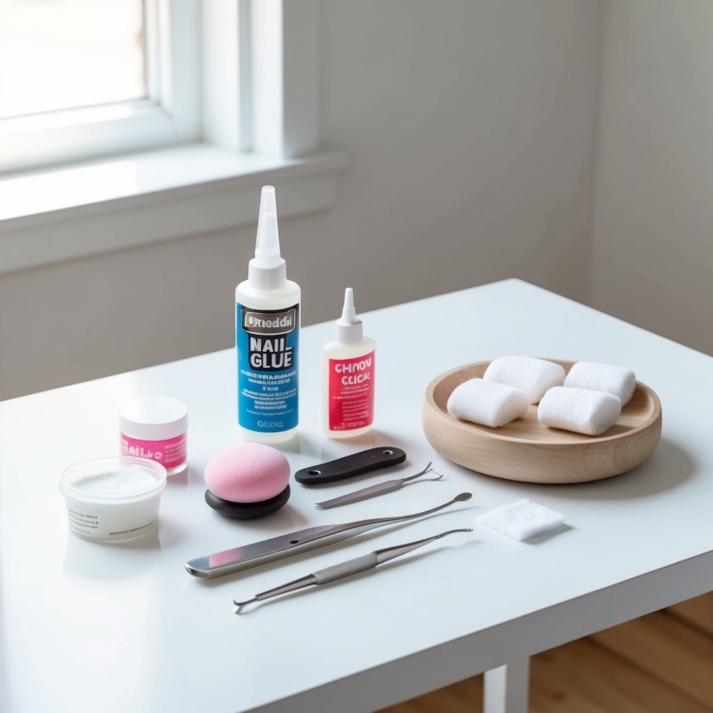Essential tools for applying nail glue, including a bottle of glue, buffer, and acetone for proper nail preparation.
