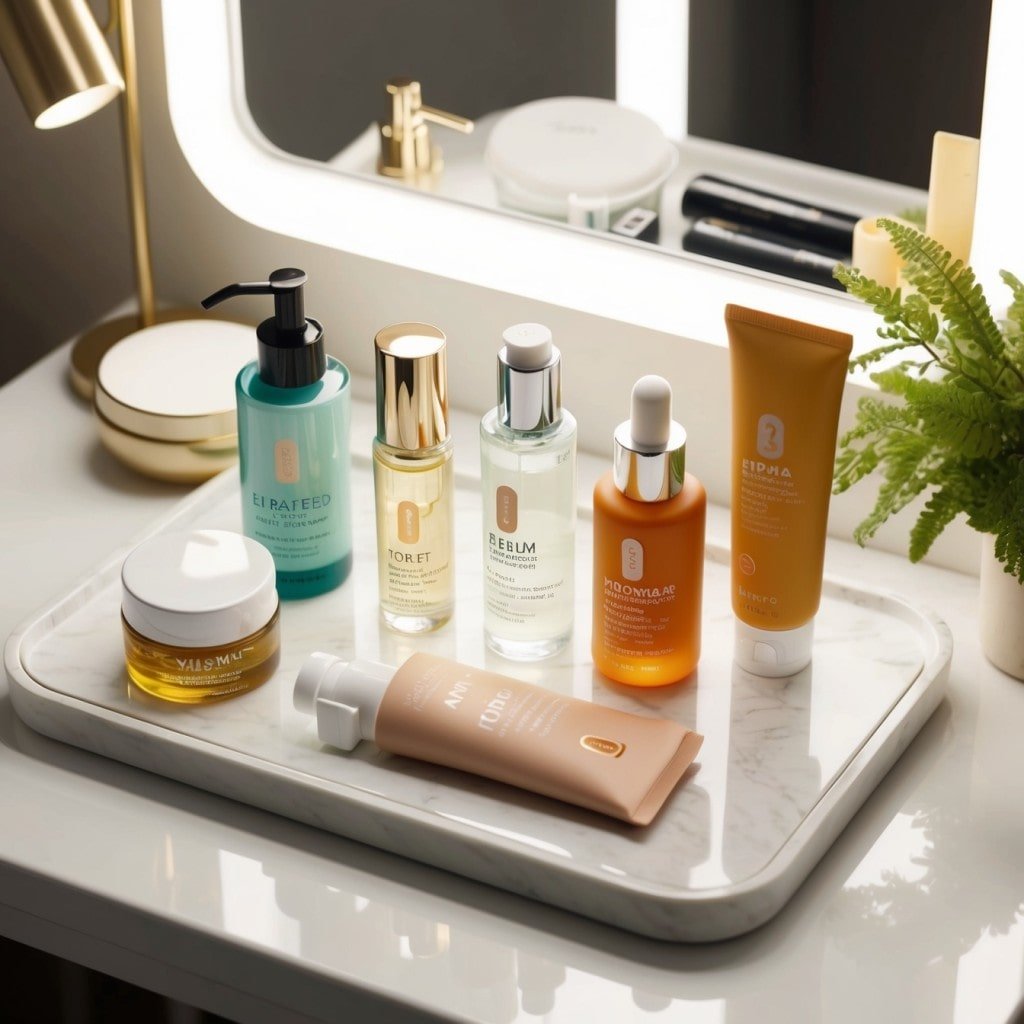 An overhead shot of a neatly arranged skincare routine