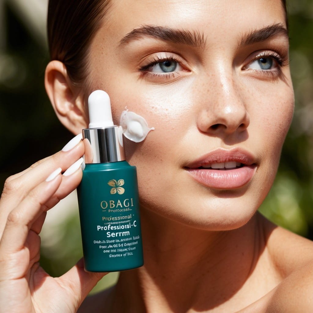 Woman applying Obagi Professional-C Serum for radiant skin.