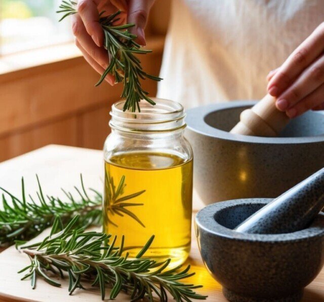 A cozy kitchen scene showing a person making homemade rosemary hair oil.